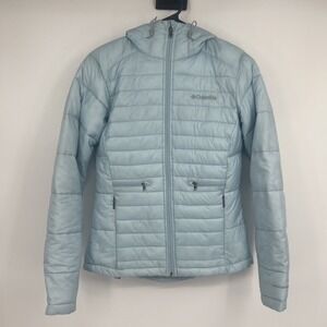 Columbia Womens Light Blue Quilted Puffer Jacket Hooded Full Zip Size XS RN69724